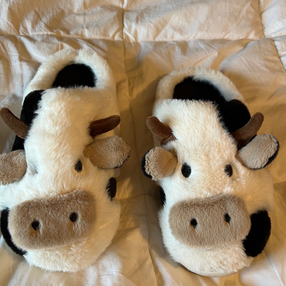 Source Unknown Cow Print Slippers - Black, White, Brown